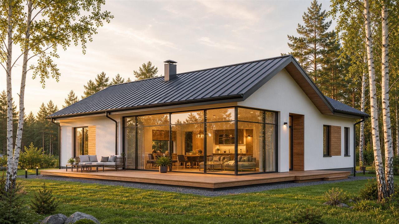Компактный одноэтажный дом среди берёз