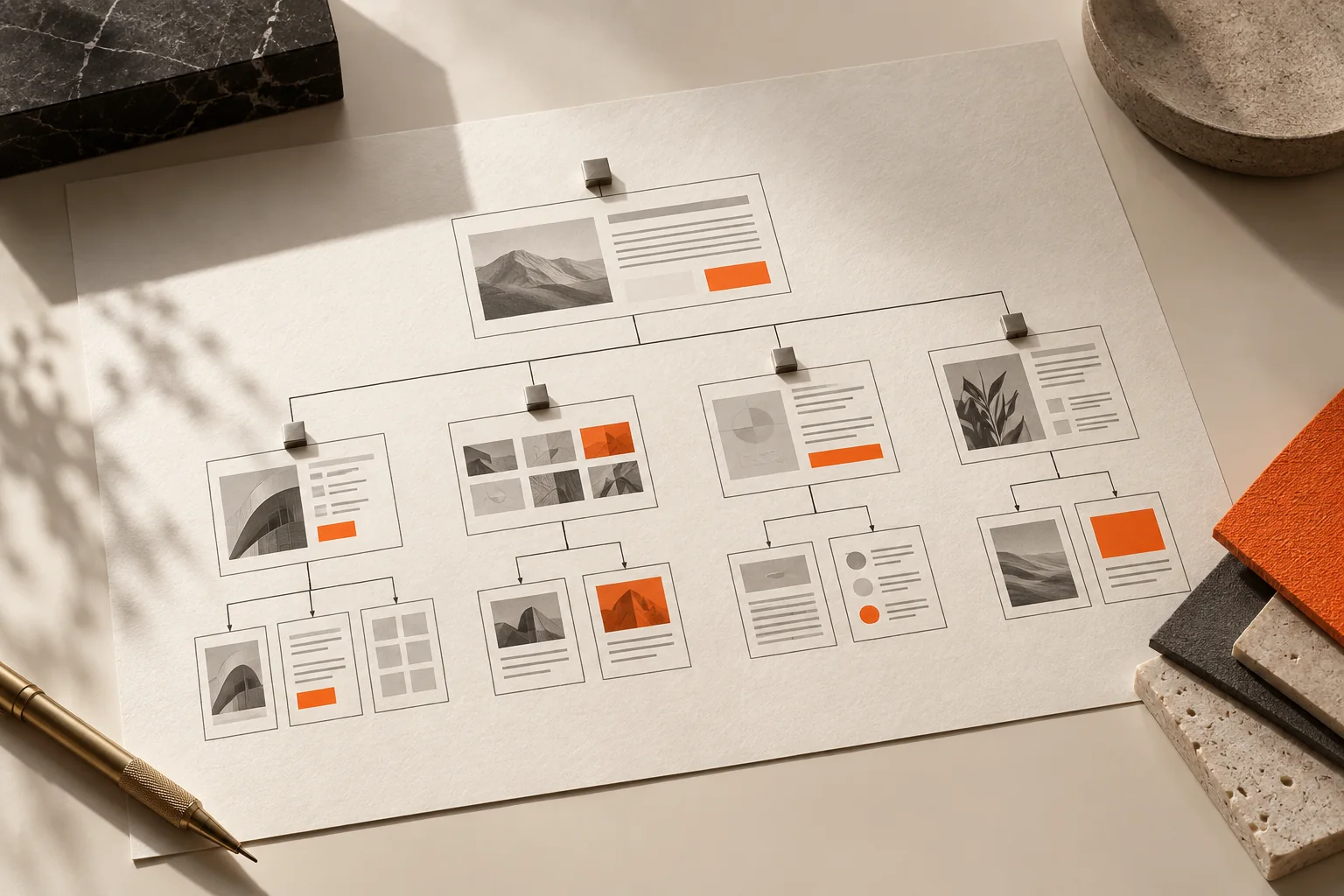 модульная схема корпоративного портала на бумаге, металлические метки разделов